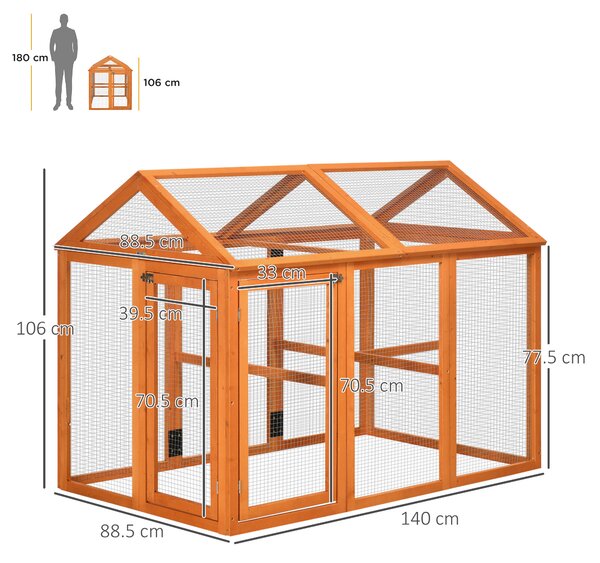 PawHut Cotet Prefabricat din Lemn, Cotet pentru Gaini cu Usi Multiple si Plasa metalica, 140x88.5x106cm, Portocaliu | Aosom Romania