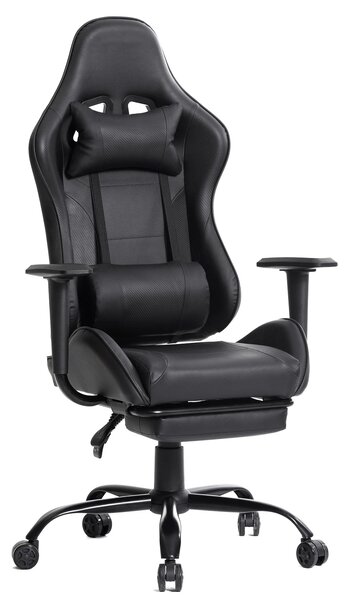 Scaun gaming, ergonomic, suport lombar cu masaj, spătar rabatabil 90-150°, suport pentru picioare, rezistent 150 kg, piele PU, Negru