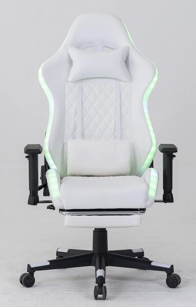 Scaun gaming cu sistem iluminare bandă LED RGB, cotiere 2D, Suport picioare, funcție sezlong, Alb