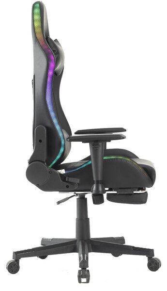 Scaun gaming cu sistem iluminare bandă LED RGB, cotiere 2D, Suport picioare, funcție sezlong, Negru