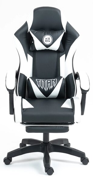Scaun gaming, masaj în perna lombară, suport picioare, piele PU, Negru/Alb