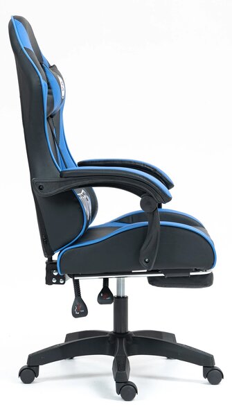 Scaun gaming, masaj în perna lombară, suport picioare, piele PU, Negru/Albastru