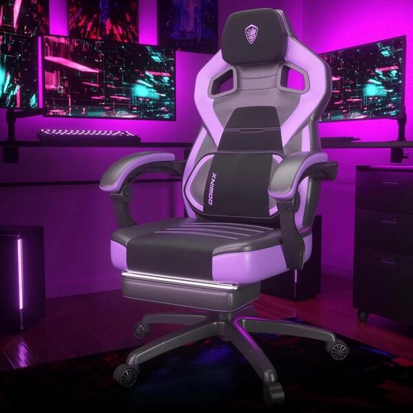 DOWINX Scaun gaming, ergonomic, suport lombar cu masaj, Șezut cu Arcuri Metalice și Spumă, Spătar înalt, rabatabil 90°-135°, Suport picioare, rezistent 150 kg, material PU respirabil, Violet/Negru