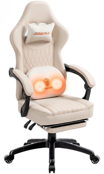 DOWINX Scaun gaming, ergonomic, Masaj cu Role in perna lombara, Șezut cu Arcuri Metalice și Spumă, Spătar înalt, rabatabil 90°-135°, Suport picioare, rezistent 150 kg, piele PU respirabila, Ivory