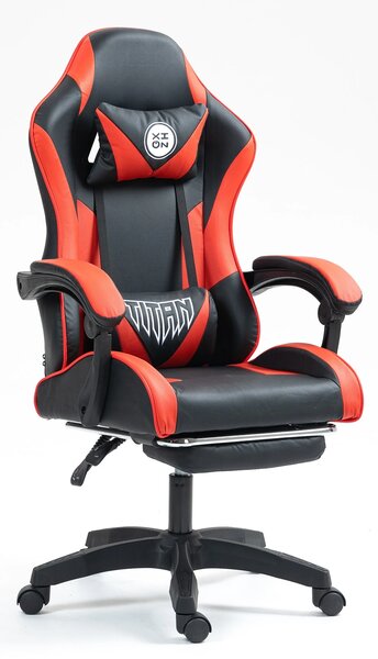 Scaun gaming, masaj în perna lombară, suport picioare, piele PU, Negru/Rosu