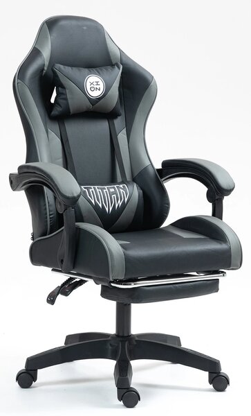 Scaun gaming, masaj în perna lombară, suport picioare, piele PU, Negru/Gri