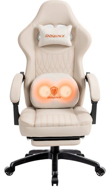 DOWINX Scaun gaming, ergonomic, Masaj cu Role in perna lombara, Șezut cu Arcuri Metalice și Spumă, Spătar înalt, rabatabil 90°-135°, Suport picioare, rezistent 150 kg, piele PU respirabila, Ivory