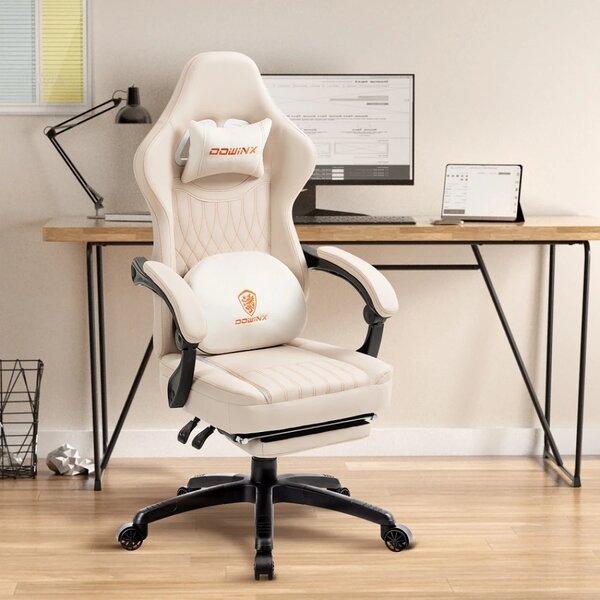 DOWINX Scaun gaming, ergonomic, Masaj cu Role in perna lombara, Șezut cu Arcuri Metalice și Spumă, Spătar înalt, rabatabil 90°-135°, Suport picioare, rezistent 150 kg, piele PU respirabila, Ivory