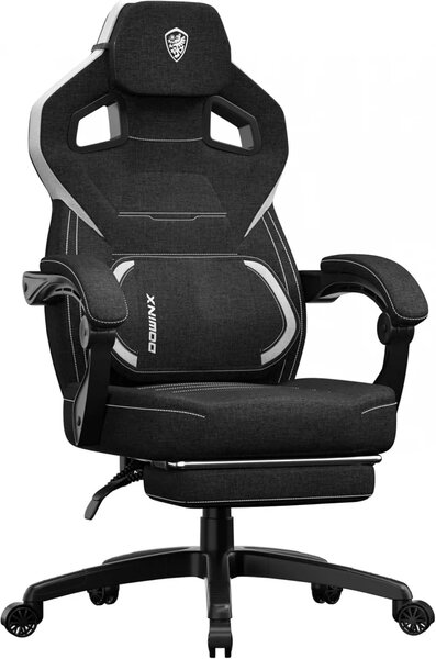 DOWINX Scaun gaming, ergonomic, suport lombar cu masaj, Șezut cu Arcuri Metalice și Spumă, Spătar înalt, rabatabil 90°-135°, Suport picioare, rezistent 150 kg, material textil respirabil, Negru