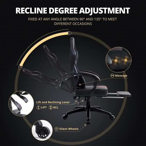DOWINX Scaun gaming, ergonomic, Masaj cu Role in perna lombara, Șezut cu Arcuri Metalice și Spumă, Spătar înalt, rabatabil 90°-135°, Suport picioare, rezistent 150 kg, piele PU respirabila, Negru