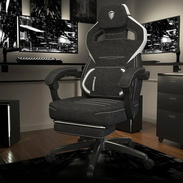 DOWINX Scaun gaming, ergonomic, suport lombar cu masaj, Șezut cu Arcuri Metalice și Spumă, Spătar înalt, rabatabil 90°-135°, Suport picioare, rezistent 150 kg, material textil respirabil, Negru