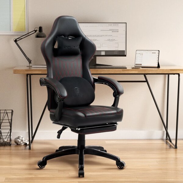 DOWINX Scaun gaming, ergonomic, Masaj cu Role in perna lombara, Șezut cu Arcuri Metalice și Spumă, Spătar înalt, rabatabil 90°-135°, Suport picioare, rezistent 150 kg, piele PU respirabila, Negru