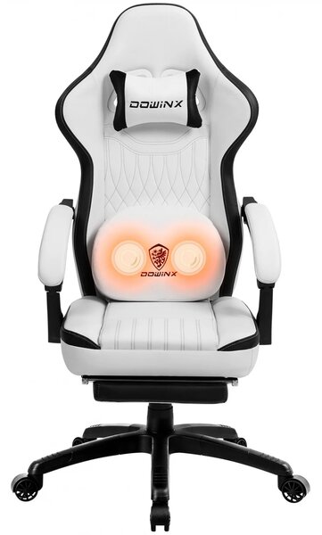 DOWINX Scaun gaming, ergonomic, Masaj cu Role in perna lombara, Șezut cu Arcuri Metalice și Spumă, Spătar înalt, rabatabil 90°-135°, Suport picioare, rezistent 150 kg, piele PU respirabila, Alb/Negru