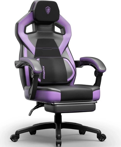 DOWINX Scaun gaming, ergonomic, suport lombar cu masaj, Șezut cu Arcuri Metalice și Spumă, Spătar înalt, rabatabil 90°-135°, Suport picioare, rezistent 150 kg, material PU respirabil, Violet/Negru