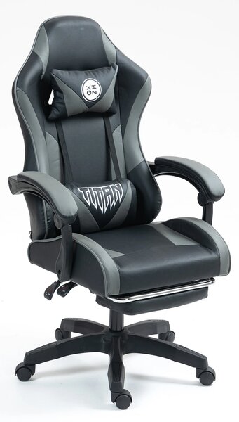 Scaun gaming, masaj în perna lombară, suport picioare, piele PU, Negru/Gri