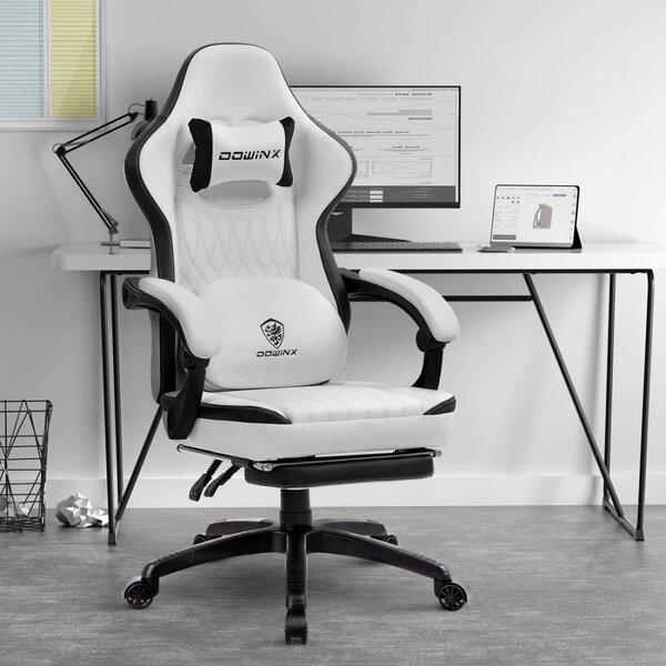 DOWINX Scaun gaming, ergonomic, Masaj cu Role in perna lombara, Șezut cu Arcuri Metalice și Spumă, Spătar înalt, rabatabil 90°-135°, Suport picioare, rezistent 150 kg, piele PU respirabila, Alb/Negru