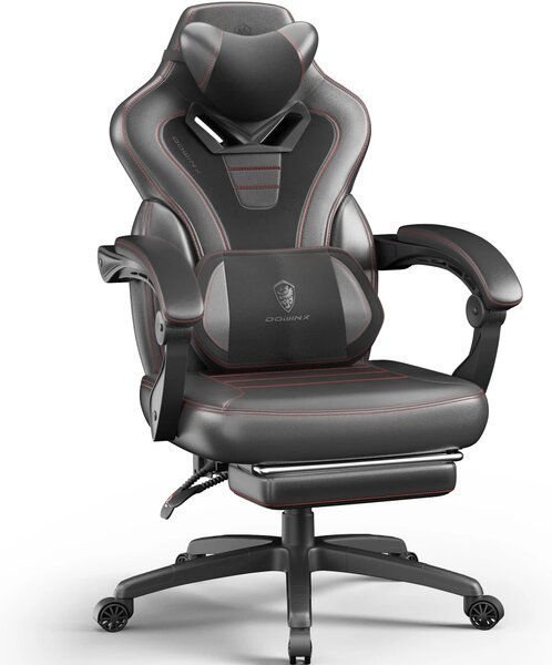 DOWINX Scaun gaming, ergonomic, suport lombar cu masaj, Șezut cu Arcuri Metalice și Spumă, Spătar înalt, rabatabil 90°-145°, Buzunar depozitare, Suport picioare, rezistent 150 kg, material PU respirabil, Negru/Gri