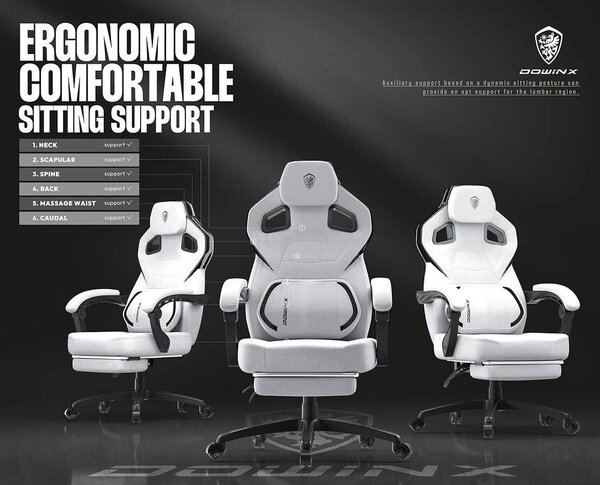 DOWINX Scaun gaming, ergonomic, suport lombar cu masaj, Șezut cu Arcuri Metalice și Spumă, Spătar înalt, rabatabil 90°-135°, Suport picioare, rezistent 150 kg, material textil respirabil, Alb/Gri