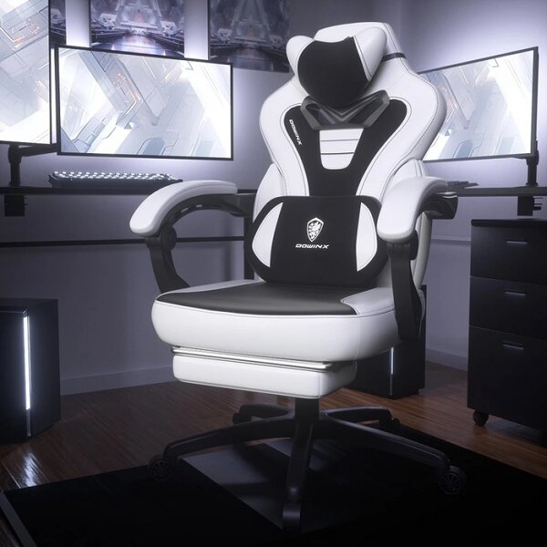 DOWINX Scaun gaming, ergonomic, suport lombar cu masaj, Șezut cu Arcuri Metalice și Spumă, Spătar înalt, rabatabil 90°-145°, Buzunar depozitare, Suport picioare, rezistent 150 kg, material PU respirabil, Alb/Negru