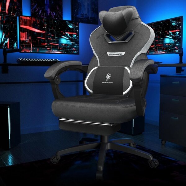 DOWINX Scaun gaming, ergonomic, suport lombar cu masaj, Șezut cu Arcuri Metalice și Spumă, Spătar înalt, rabatabil 90°-145°, Buzunar depozitare, Suport picioare, rezistent 150 kg, material textil respirabil, Negru