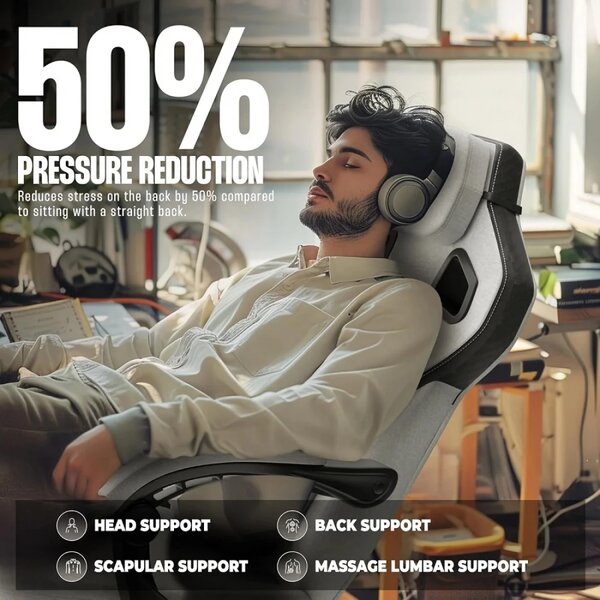 DOWINX Scaun gaming, ergonomic, suport lombar cu masaj, Șezut cu Arcuri Metalice și Spumă, Spătar înalt, rabatabil 90°-135°, Suport picioare, rezistent 150 kg, material textil respirabil, Alb/Gri