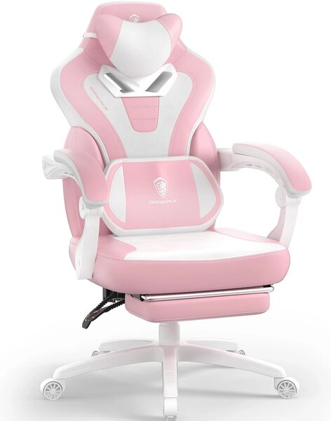 DOWINX Scaun gaming, ergonomic, suport lombar cu masaj, Șezut cu Arcuri Metalice și Spumă, Spătar înalt, rabatabil 90°-145°, Buzunar depozitare, Suport picioare, rezistent 150 kg, material PU respirabil, Roz/Alb