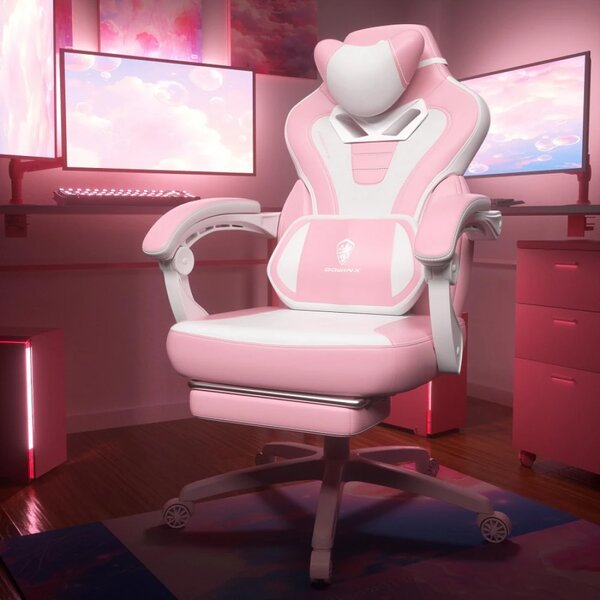 DOWINX Scaun gaming, ergonomic, suport lombar cu masaj, Șezut cu Arcuri Metalice și Spumă, Spătar înalt, rabatabil 90°-145°, Buzunar depozitare, Suport picioare, rezistent 150 kg, material PU respirabil, Roz/Alb