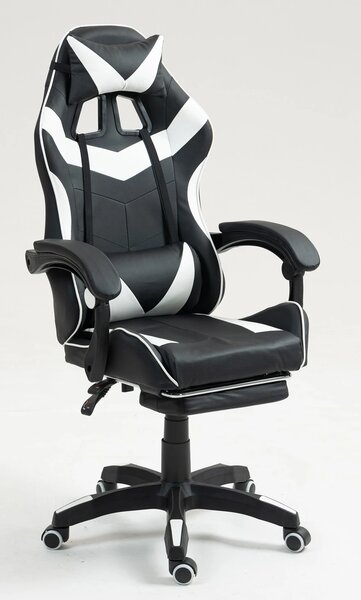 Scaun gaming, masaj în perna lombară, suport picioare, piele PU, Negru/Alb