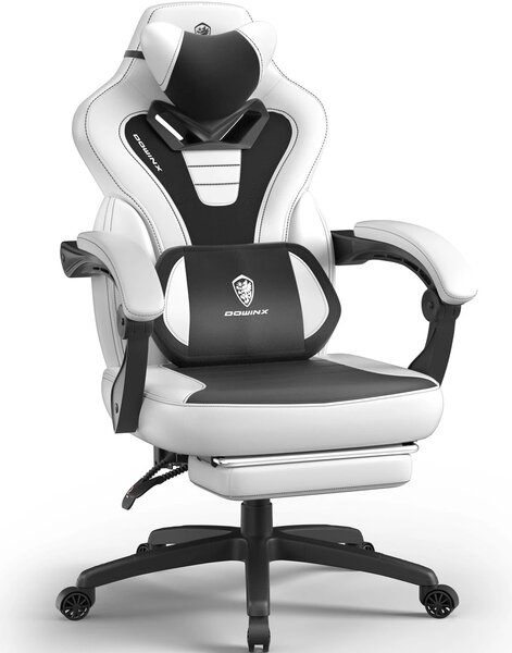DOWINX Scaun gaming, ergonomic, suport lombar cu masaj, Șezut cu Arcuri Metalice și Spumă, Spătar înalt, rabatabil 90°-145°, Buzunar depozitare, Suport picioare, rezistent 150 kg, material PU respirabil, Alb/Negru