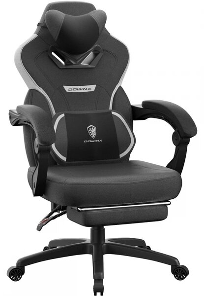 DOWINX Scaun gaming, ergonomic, suport lombar cu masaj, Șezut cu Arcuri Metalice și Spumă, Spătar înalt, rabatabil 90°-145°, Buzunar depozitare, Suport picioare, rezistent 150 kg, material textil respirabil, Negru