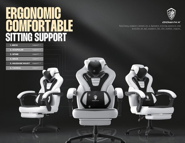 DOWINX Scaun gaming, ergonomic, suport lombar cu masaj, Șezut cu Arcuri Metalice și Spumă, Spătar înalt, rabatabil 90°-145°, Buzunar depozitare, Suport picioare, rezistent 150 kg, material PU respirabil, Alb/Negru