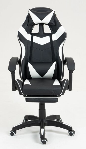 Scaun gaming, masaj în perna lombară, suport picioare, piele PU, Negru/Alb