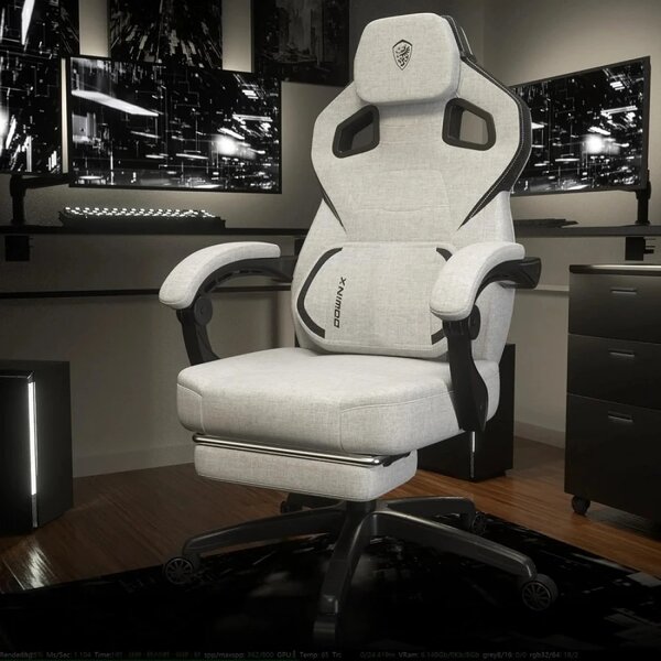 DOWINX Scaun gaming, ergonomic, suport lombar cu masaj, Șezut cu Arcuri Metalice și Spumă, Spătar înalt, rabatabil 90°-135°, Suport picioare, rezistent 150 kg, material textil respirabil, Alb/Gri