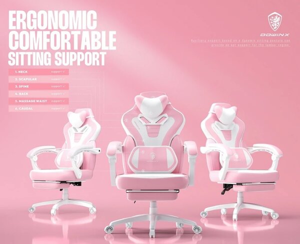 DOWINX Scaun gaming, ergonomic, suport lombar cu masaj, Șezut cu Arcuri Metalice și Spumă, Spătar înalt, rabatabil 90°-145°, Buzunar depozitare, Suport picioare, rezistent 150 kg, material PU respirabil, Roz/Alb