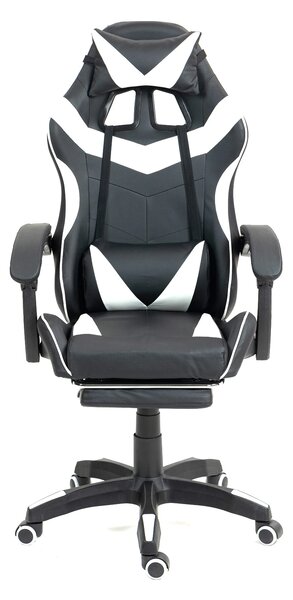 Scaun gaming, masaj în perna lombară, suport picioare, piele PU, Negru/Alb