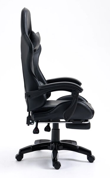 Scaun gaming cu masaj în perna lombară, suport picioare, piele PU, Negru