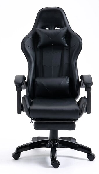 Scaun gaming cu masaj în perna lombară, suport picioare, piele PU, Negru