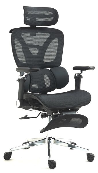 METACHAIR DORO Scaun ergonomic, cotiere 6D, suport lombar dinamic, spătar reglabil înălțime, tetieră 2D, suport picioare, mecanism multifunctional inclinare/blocare, pivotant, Mesh, Negru