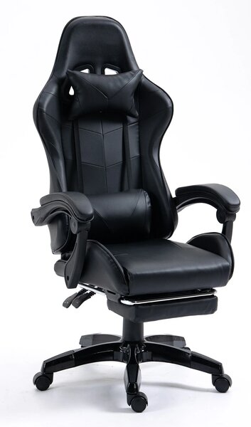 Scaun gaming cu masaj în perna lombară, suport picioare, piele PU, Negru