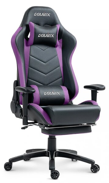 DOWINX Scaun gaming, ergonomic, suport lombar cu masaj, spătar rabatabil 90-180°, cotiere reglabile, suport pentru picioare, rezistent 150 kg, piele PU, Negru/Violet