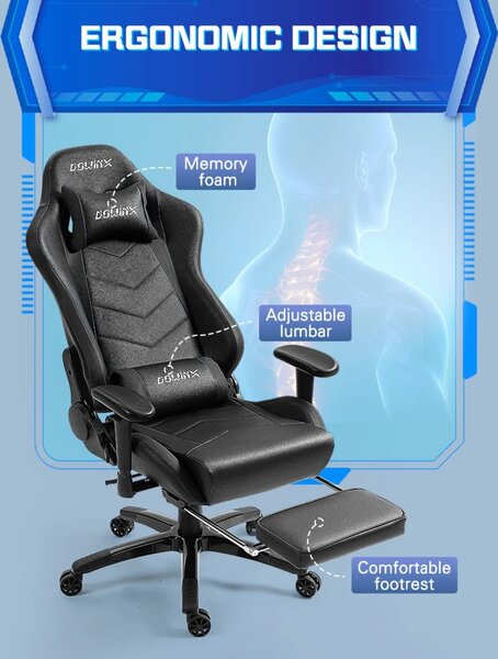 DOWINX Scaun gaming, ergonomic, suport lombar cu masaj, spătar rabatabil 90-180°, cotiere reglabile, suport pentru picioare, rezistent 150 kg, piele PU, Negru