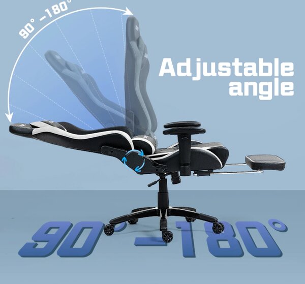 DOWINX Scaun gaming, ergonomic, suport lombar cu masaj, spătar rabatabil 90-180°, cotiere reglabile, suport pentru picioare, rezistent 150 kg, piele PU, Negru/Alb