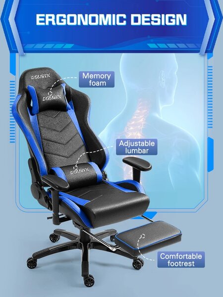 DOWINX Scaun gaming, ergonomic, suport lombar cu masaj, spătar rabatabil 90-180°, cotiere reglabile, suport pentru picioare, rezistent 150 kg, piele PU, Negru/Albastru