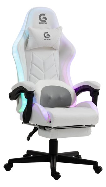 Scaun gaming, Masaj cu Role in perna lombara, Boxe bluetooth, sistem iluminare bandă LED RGB, suport picioare, Alb