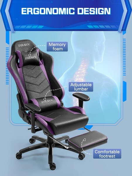 DOWINX Scaun gaming, ergonomic, suport lombar cu masaj, spătar rabatabil 90-180°, cotiere reglabile, suport pentru picioare, rezistent 150 kg, piele PU, Negru/Violet