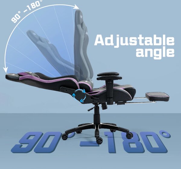 DOWINX Scaun gaming, ergonomic, suport lombar cu masaj, spătar rabatabil 90-180°, cotiere reglabile, suport pentru picioare, rezistent 150 kg, piele PU, Negru/Violet