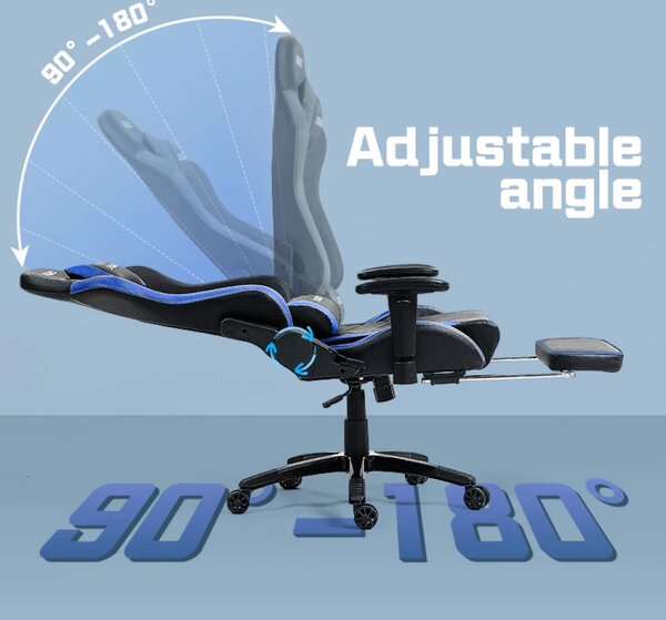 DOWINX Scaun gaming, ergonomic, suport lombar cu masaj, spătar rabatabil 90-180°, cotiere reglabile, suport pentru picioare, rezistent 150 kg, piele PU, Negru/Albastru