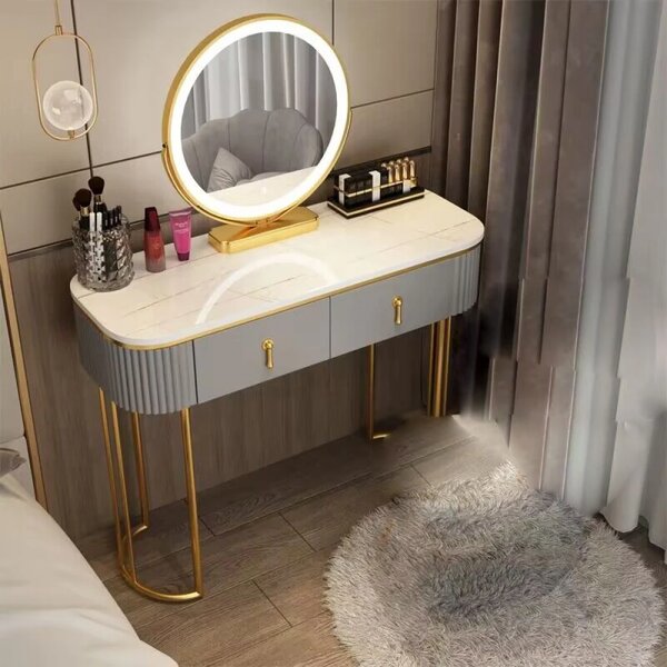Set LISA, Masă de toaletă pentru machiaj cu oglindă iluminată LED, control touch, sertar, taburet tapitat, Gri, 100x40x75 cm
