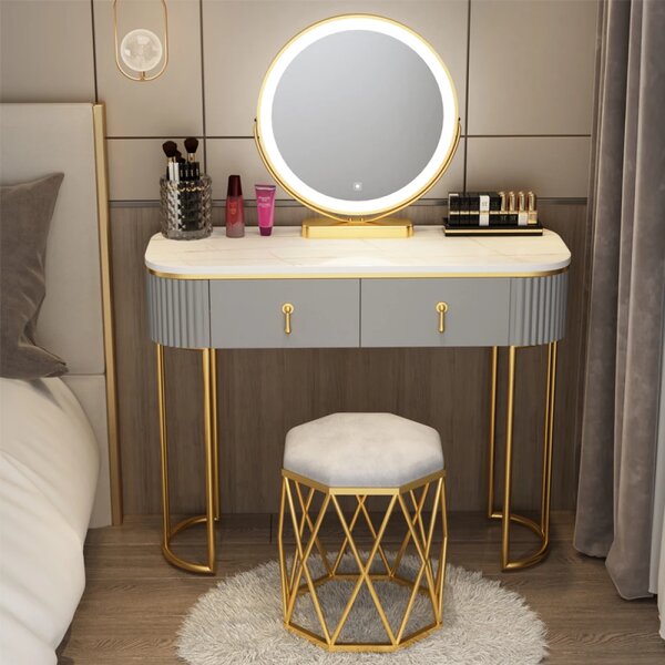 Set LISA, Masă de toaletă pentru machiaj cu oglindă iluminată LED, control touch, sertar, taburet tapitat, Gri, 100x40x75 cm