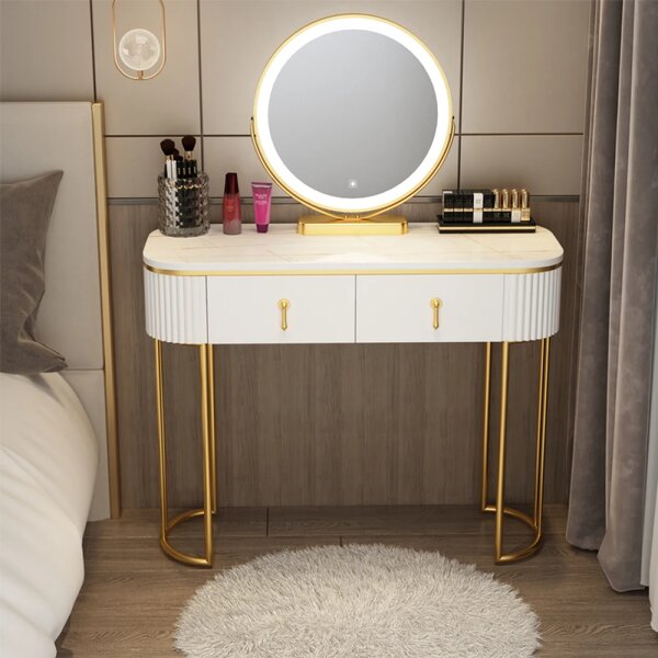 Set LISA, Masă de toaletă pentru machiaj cu oglindă iluminată LED, control touch, sertar, taburet tapitat, Alb, 100x40x75 cm